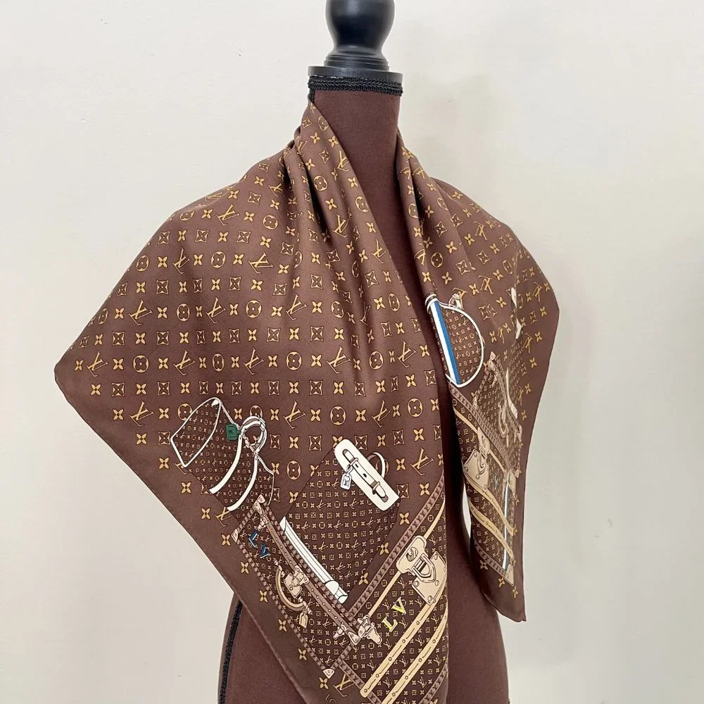 Louis Vuitton Scarf  Travel Trunks Monogram Brown Silk Wrap